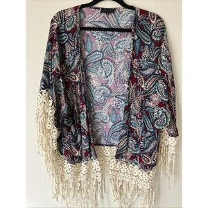 Lovposh Kimono Paisley Fringe Boho Burgundy Red Blue Festival Open Small